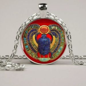 Red & Blue Egyptian Scarab Silver & Glass Necklace